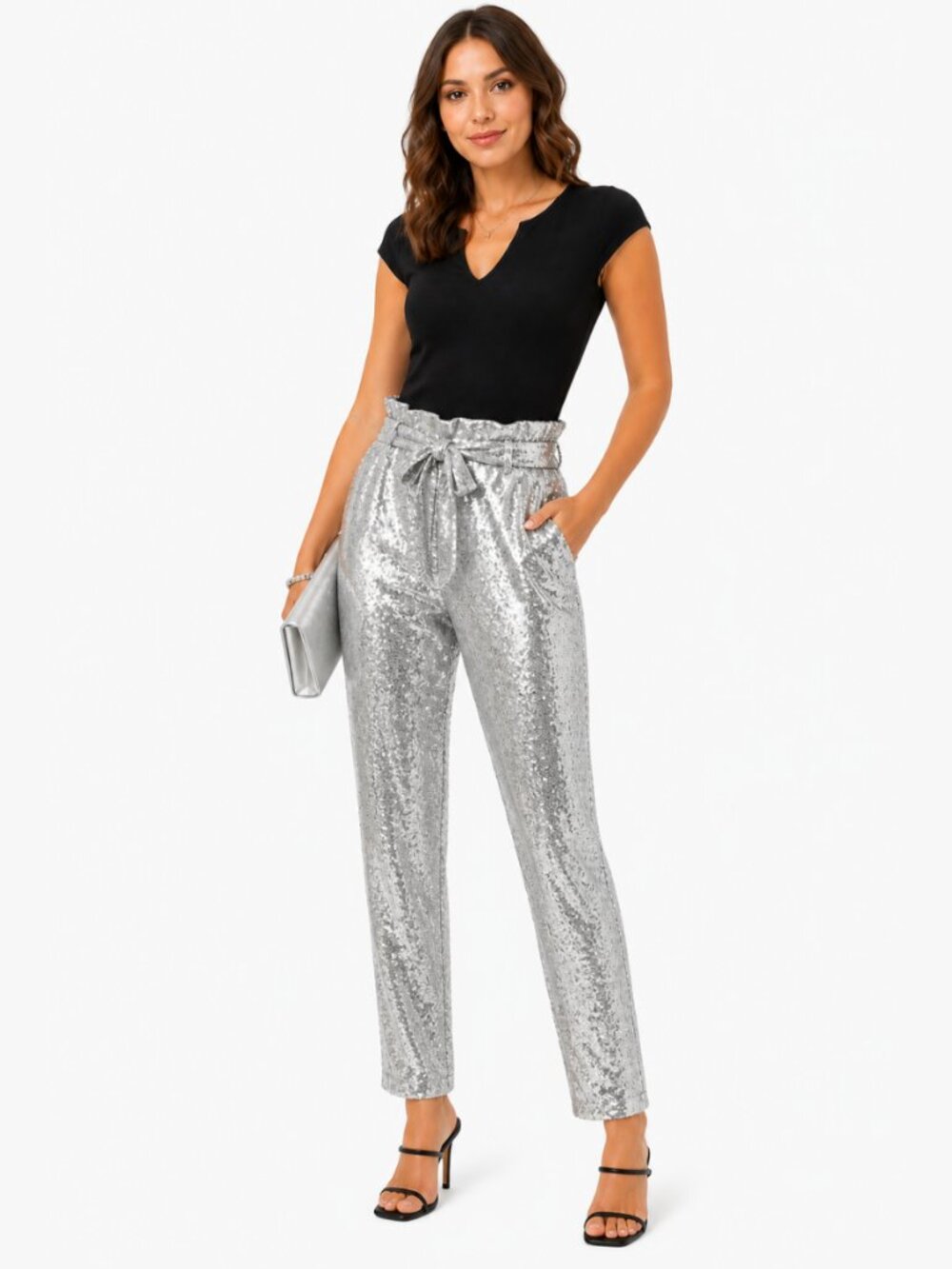 Nordstrom Chelsea28 Paperbag Waist Sequin Pants in Silver Small